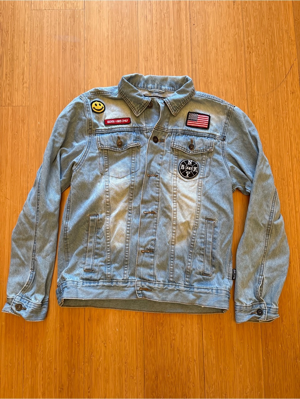 Vintage Brooklyn Cloth Men’s Blue Denim Jacket Size M Patriotic Patches
